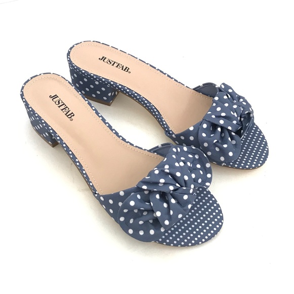 JUSTFAB Polka Dot Sandals Block Heel Dress Sandals Blue White Etna Size 8.5 NEW - Picture 1 of 16